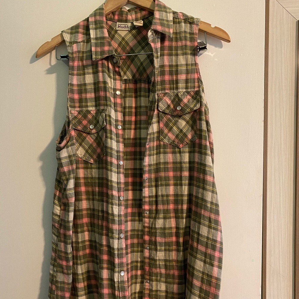 Pink and gray flannel button vest